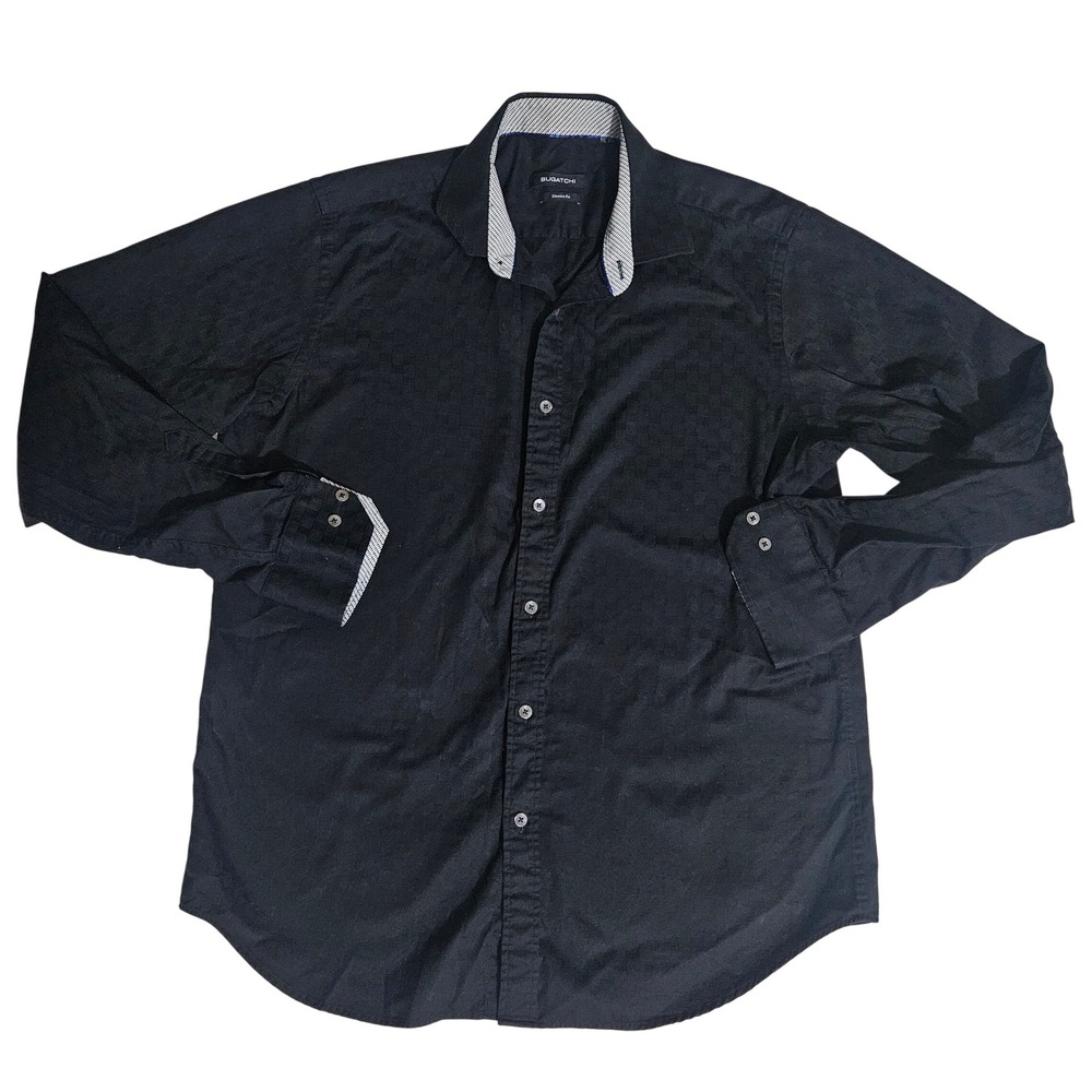 Bugatchi Uomo Mens Classic Fit Black Textured Check Button Down Shirt Size M